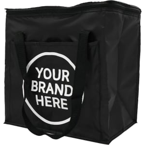 A black insulated grocery bag with sturdy handles and a logo on the front.
