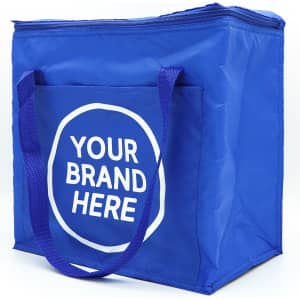 A blue insulated grocery bag with a large front pocket and dual handles, featuring a logo on the side.