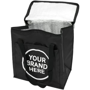 A black insulated grocery bag with a silver interior and a front pocket, featuring a logo on the front.