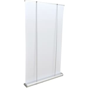 A white roll-up banner with silver hardware, designed for promotional displays and presentations.