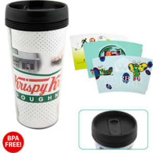 A travel mug featuring a black lid and a white design with colourful graphics and a logo. BPA free.
