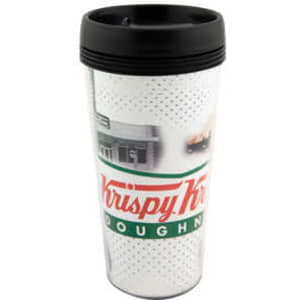 A travel mug featuring a black lid and a white body with images and branding from Krispy Kreme.