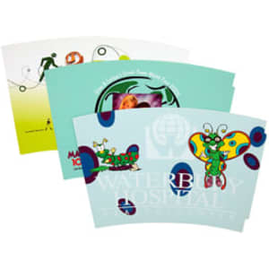 A set of three colourful promotional flyers featuring illustrations of a caterpillar and a butterfly with logos.