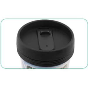 A drink bottle with a black lid and a drinking opening, featuring a colourful design on the body.