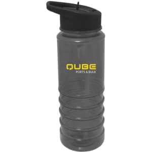 A drink bottle made of grey Tritan with a black lid and a straw, featuring a logo.
