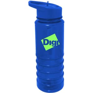 A drink bottle in bright blue Tritan with a screw-on lid and a logo.