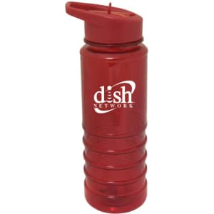 A drink bottle in red Tritan material with a screw-on lid and a logo.