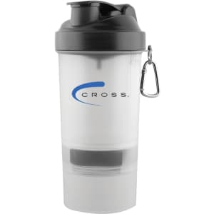 A shaker cup in clear and black, featuring a logo and a detachable bottom compartment.