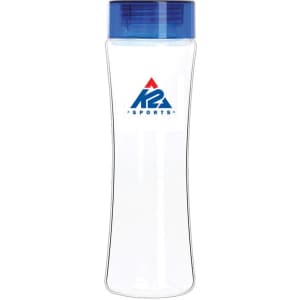 A drink bottle made of clear Tritan, featuring a blue lid and a sports brand logo.