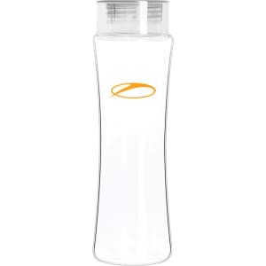 A drink bottle made from clear Tritan with a sleek, curved design and a screw-on lid. It features a logo.