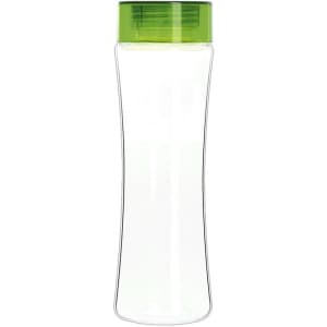 A drink bottle with a transparent body and a green lid. It has a simple, modern design and includes a logo.