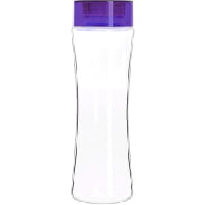 A drink bottle in clear Tritan with a purple lid and a simple, modern design. It features a logo.