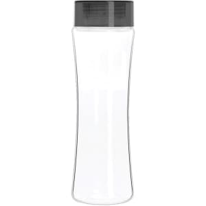 A drink bottle in clear Tritan plastic with a black screw-on lid and a curved design.