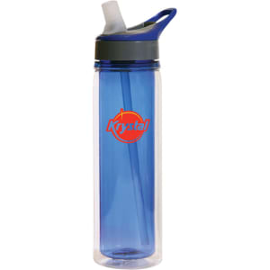 A drink bottle with a transparent body and blue accents, featuring a straw and a logo.