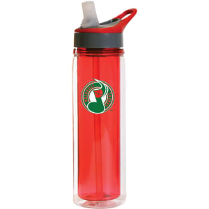 A drink bottle with a clear body and a red lid, featuring a straw and a logo.