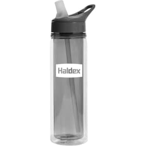 A drink bottle with a clear body and dark grey lid, featuring a straw and a logo.