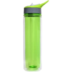 A drink bottle with a clear body and bright green lid, featuring a grey cap and a logo.