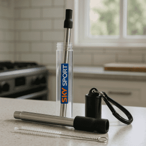 A telescopic stainless steel straw in a clear case, featuring a black cap and cleaning brush, with a branding logo.