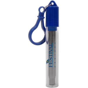 A telescopic stainless steel straw in a clear case with a blue lid and keyring attachment.