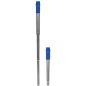 A stainless steel telescopic straw with a blue silicone tip, displayed in extended and collapsed positions.