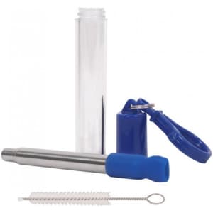 A stainless steel telescopic straw in silver with a blue silicone tip, housed in a clear tube, along with a cleaning brush.