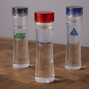 A drink bottle featuring a clear body with three different coloured lids: red, blue, and silver. Each has a logo.