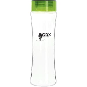 A drink bottle with a clear body and a green lid. It features a logo on the front.