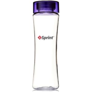 A drink bottle with a clear body and a purple lid, featuring a logo on the side.