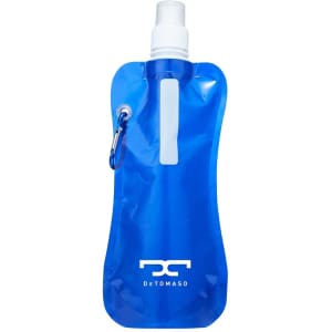A drink bottle featuring a blue water pouch design with a clear section and a carabiner attachment.