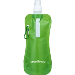 A drink bottle in a vibrant green colour with a spray nozzle and a carabiner clip, featuring a logo.