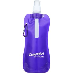A drink bottle in a translucent purple design, featuring a spout and a logo.