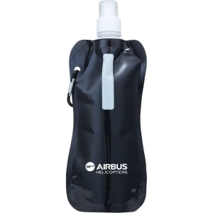 A drink bottle in black, with a spout and a carabiner clip, featuring a logo.