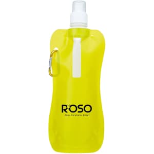 A drink bottle in bright yellow, featuring a spout and a clip attachment, with a branded logo.