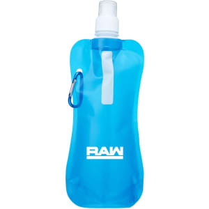 A drink bottle in a translucent blue colour with a clear spout and a carabiner attachment. It features a logo.