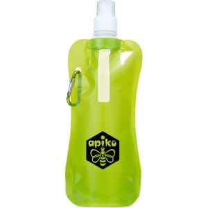 A drink bottle in bright green with a flexible design and a carabiner clip. It features a logo on the front.