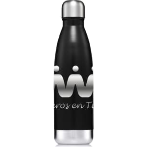 A drink bottle in matte black with a stainless steel cap and a logo on the front.