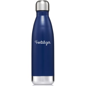 A drink bottle with a sleek navy blue design and a stainless steel top featuring a logo.