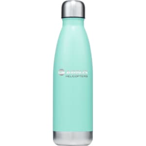 A drink bottle in mint green with a stainless steel base, featuring a logo on the side.