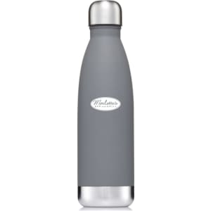 A drink bottle in grey with a stainless steel cap and a logo on the body.