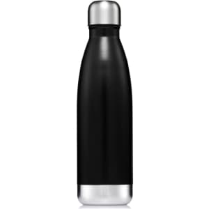 A drink bottle in black with a stainless steel top, featuring a sleek design and a logo.