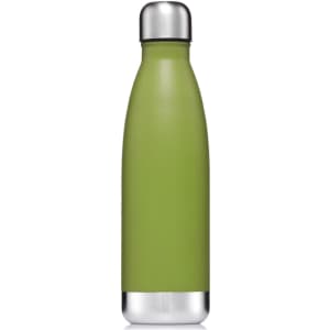 A drink bottle in a matte green finish with a stainless steel top and base, featuring a logo.