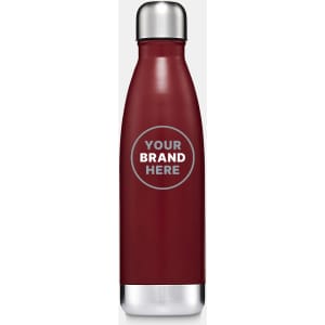 A drink bottle in a deep red colour with a silver lid and a circular logo area.