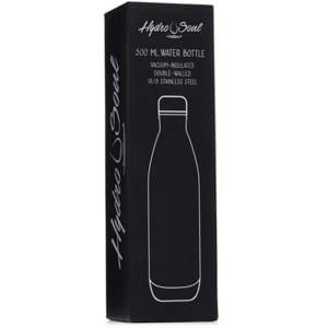 A drink bottle in a sleek black box. The bottle is stainless steel and features a logo.