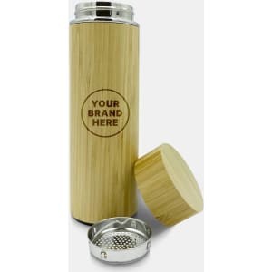 A drink bottle made of bamboo with a stainless steel lid and built-in strainer, featuring branding on the side.