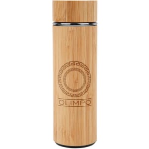 A drink bottle with a bamboo exterior and a silver stainless steel interior features a circular logo design.