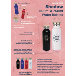 A drink bottle featuring a stainless steel design with a matte finish, available in white, black, red, and blue.