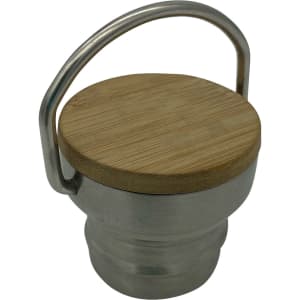 A drink bottle cap featuring a bamboo top and a metallic base, with a carry handle for convenience.