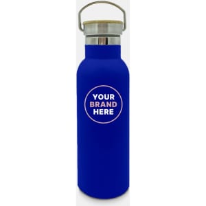 A drink bottle in vibrant blue with a silver opening and a wooden lid, featuring space for branding.