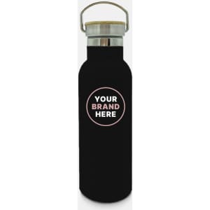 A drink bottle in matte black with a stainless steel lid and a circular branding space.