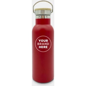 A drink bottle in vibrant red with a stainless steel top and wooden handle, featuring a logo on the front.